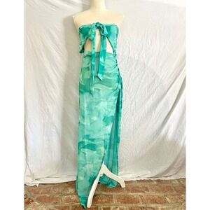 Peppermayo Tie Front Cut Out Ruched Maxi Dress Green Abstract Print Sz 6